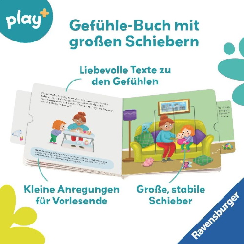 Buchcover und Innenansicht für das Buch: Play+ Mein erstes Schiebebuch Gefühle - ab 18 Monate