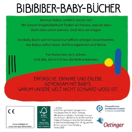 Buchcover und Innenansicht für das Buch: BiBiBiber hat da mal 'ne Frage. Warum können Babys nix? Farbe & Kontrast
