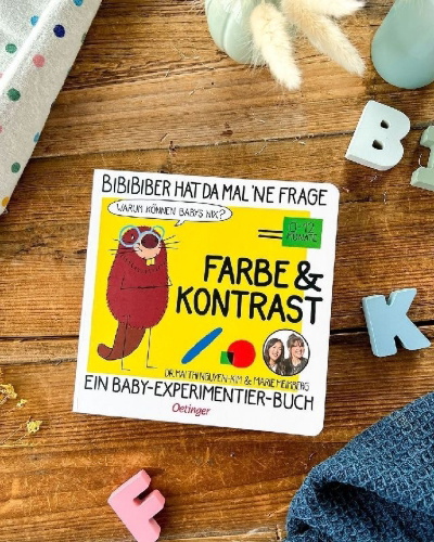 Buchcover und Innenansicht für das Buch: BiBiBiber hat da mal 'ne Frage. Warum können Babys nix? Farbe & Kontrast
