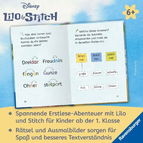 Buchcover und Innenansicht für das Buch: Disney Lilo & Stitch: Auf die Plätze, fertig, Stitch! - Erstlesebuch zum Lesenlernen
