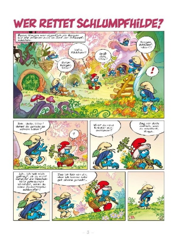 Buchcover und Innenansicht für das Buch: Die Schlümpfe und das verlorene Dorf. Band 5