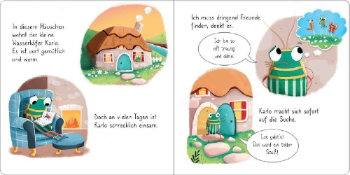 Buchcover und Innenansicht für das Buch: Käfergeschichten: Karlo Käfer wünscht sich einen Freund