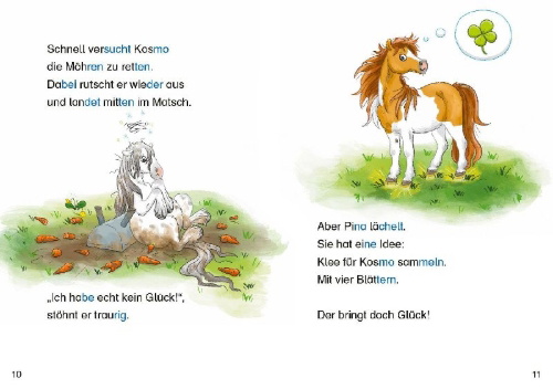 Buchcover und Innenansicht für das Buch: Hufeisen-Zauber - Pony Pina und der Glücks-Kobold