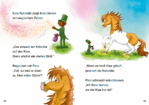 Buchcover und Innenansicht für das Buch: Hufeisen-Zauber - Pony Pina und der Glücks-Kobold