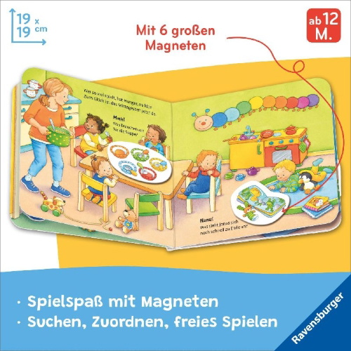 Buchcover und Innenansicht für das Buch: Mein erstes Magnetbuch - Was machen wir in der Kita?