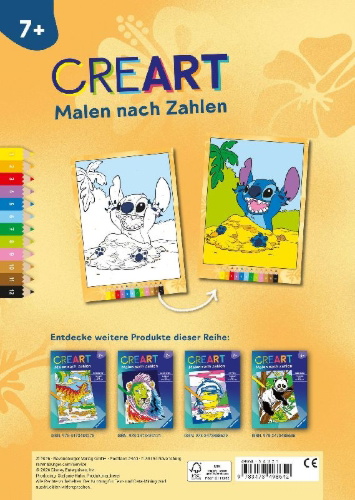 Buchcover und Innenansicht für das Buch: CreArt Malen nach Zahlen ab 7 Disney - Lilo & Stitch