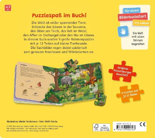 Buchcover und Innenansicht für das Buch: Ravensburger® Puzzle-Buch: Tiere der Welt