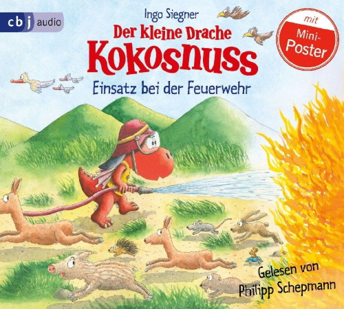 Buchcover und Innenansicht für das Buch: Der kleine Drache Kokosnuss - Einsatz bei der Feuerwehr