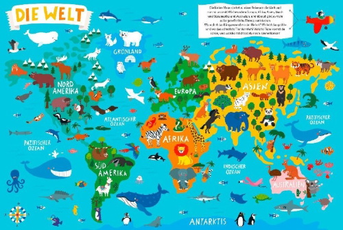 Buchcover und Innenansicht für das Buch: Mein kunterbunter Tieratlas