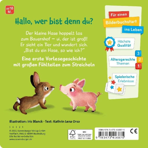 Buchcover und Innenansicht für das Buch: Mein erstes Vorlese-Fühlbuch: Bist du ein Hase?