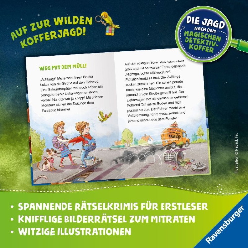 Buchcover und Innenansicht für das Buch: Die Jagd nach dem magischen Detektivkoffer, Band 2 - Vorsicht, Ganoven!