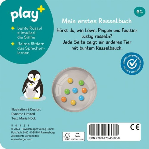 Buchcover und Innenansicht für das Buch: Play+ Schütteln, rasseln, spielen Erste Tiere - ab 6 Monate