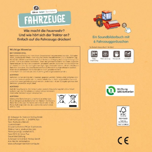 Buchcover und Innenansicht für das Buch: Hören-Sehen-Verstehen Fahrzeuge I Ab 24 Monaten
