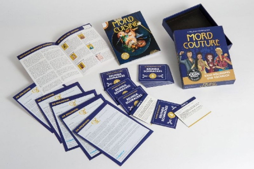 Buchcover und Innenansicht für das Buch: Mord Couture. Krimi-Rollenspiel und Kochbuch. Das perfekte Krimi-Event für Zuhause. Für 6 Spieler ab 12 Jahren