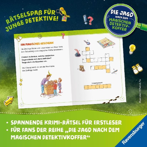 Buchcover und Innenansicht für das Buch: Die Jagd nach dem magischen Detektivkoffer: Das Rätselbuch für Spürnasen