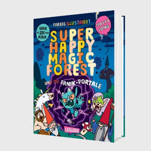 Buchcover und Innenansicht für das Buch: Super Happy Magic Forest and the Portals of Panic